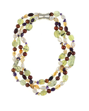Pearl Necklace Accented with Stones, Cascadia is a Triple strand, white freshwater potato pearls 9-11mm, round brown freshwater pearls 9-10mm, with peridot, citrine, & amethyst stones, individually hand-knotted on natural silk with rare earth mixed metal magnetic clasp