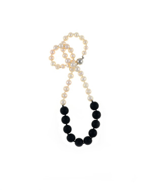 Copacabana Promenade II - Pearl Necklace with Onyx ,Single strand graduated white freshwater pearls 6-10mm, leading to untumbled onyx beads 12mm, on individually hand knotted natural silk, with rare earth mixed metal clasp