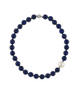 Côte d’Azur - Lapis and Pearl Necklace, Single strand lapis beads 14mm flecked with pyrite, with offset shell pearl 20mm, on individually hand knotted black silk, featuring rare earth mixed metal magnetic clasp