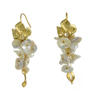 Garima - Pearl Earrings, zoom on Garima earrings, French wire dangle keshi freshwater pearl earrings set in brass, 1.5” in length.