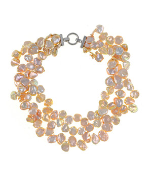 Peachtree Street Pearl Necklace: Triple strand extra-large natural color peach keshi pearls 12-13mm, on individually hand-knotted natural silk, silver-tone locking buckle clasp, 18” in length (princess length)