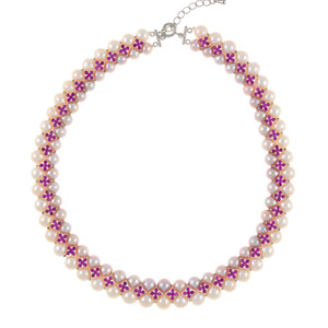 Monaco Rose necklace: double strand 7-8mm natural color freshwater pink pearls, white 8-9mm freshwater pearls, separated by stainless steel and rose colored CZ spacers, sterling silver clasp on hand-knotted natural silk, 18” in length with jump chain allows for additional overall 20” length, (princess length, expands to matinee length)