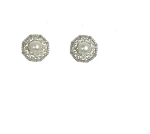 zoom on Uffizi Earrings: Exceptional single white freshwater pearl 7mm earrings, surrounding by a CZ encrusted swirl lattice, Sterling silver friction backs.