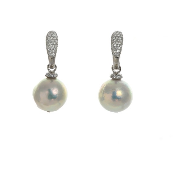 Captiva Pearl Earrings & ice color earrings: Sterling silver, Edison Pearls 12-13mm topped with a circlet of ice colored CZs, on hinged Sterling silver ice (clear) CZ encrusted closure