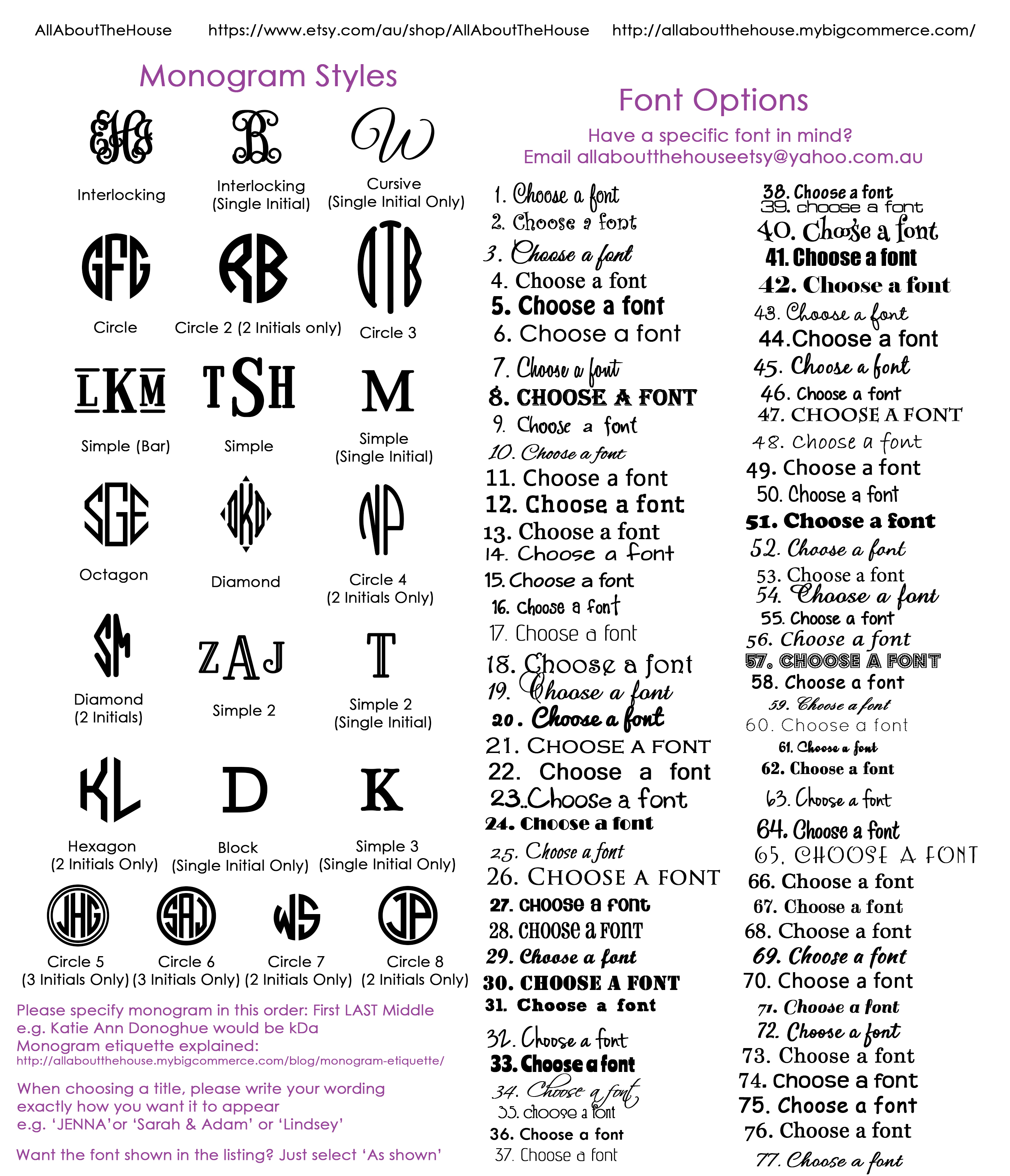 Personalisation - Pattern, Font & Colour Charts Personalisation - Pattern, Font & Colour Charts