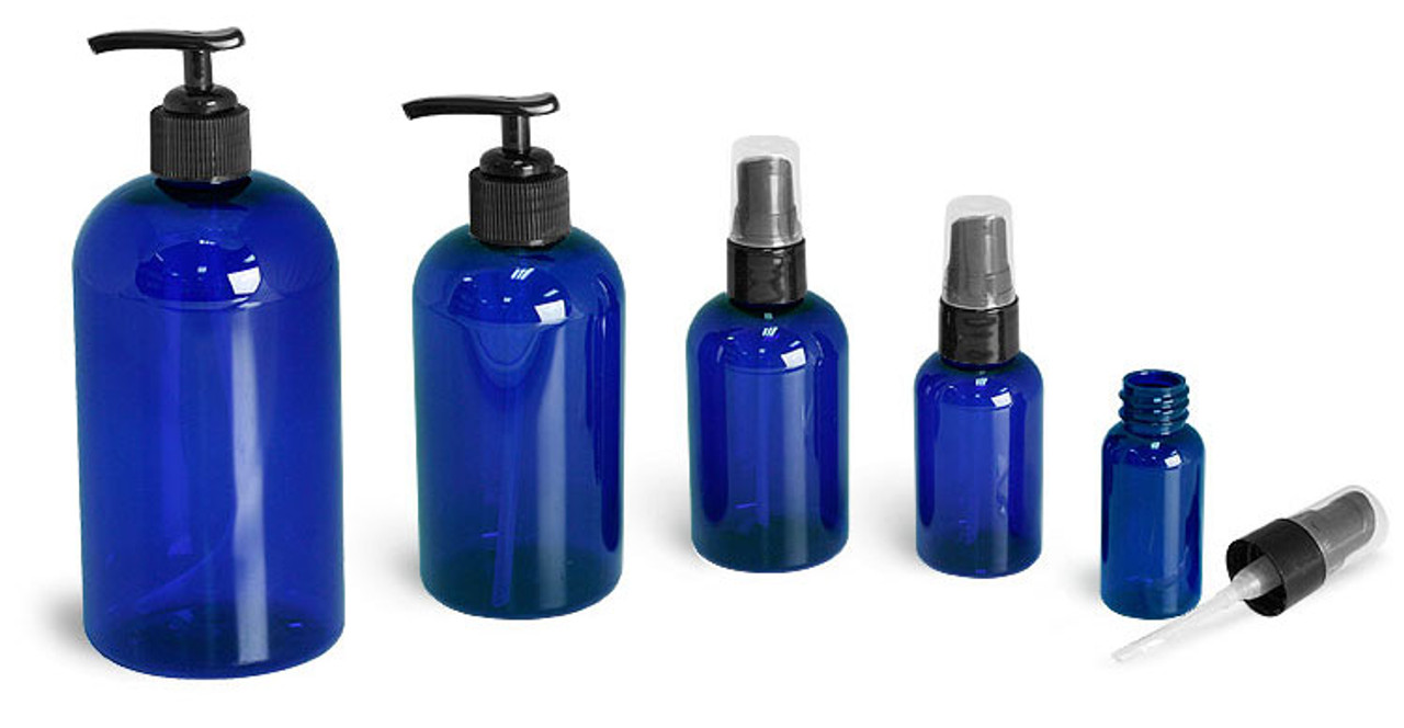 Download 8 oz Cobalt BLUE Plastic PET Boston Round Bottle w/ Lotion Pump