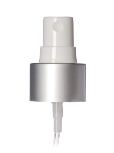 Matte silver metal shell and white PP smooth skirt fine-mist fingertip sprayer with clear overcap, 6.875 inch dip tube and 24-410 neck finish (.16 cc output) Matte silver metal shell and white PP smooth skirt fine-mist fingertip sprayer with clear overcap, 6.875 inch dip tube and 24-410 neck finish (.16 cc output)