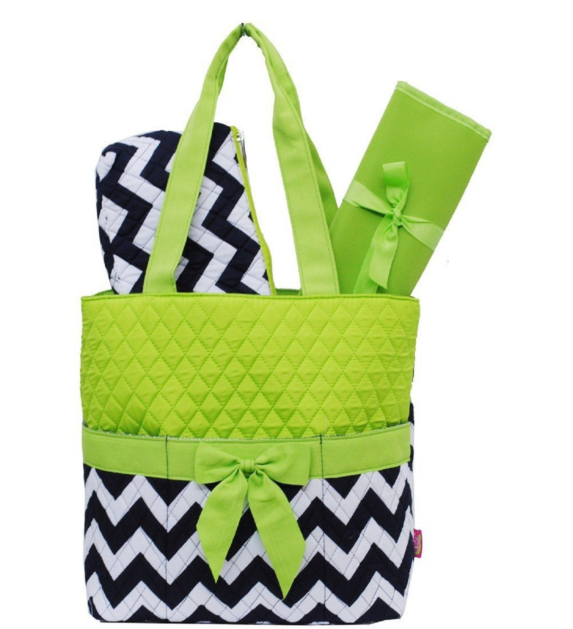 Navy Lime Chevron Print Quilted 3pc set Diaper Bag eBay