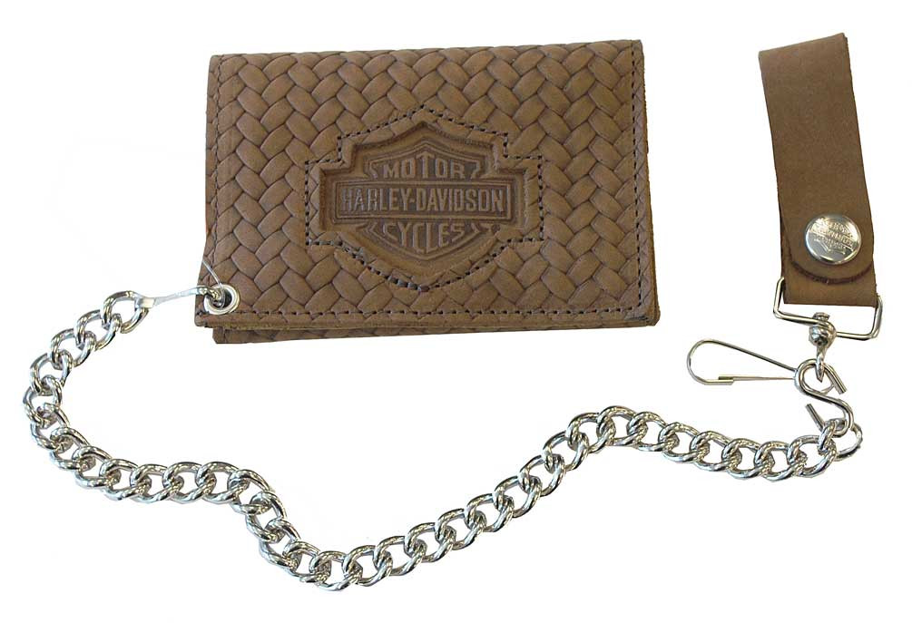 HarleyDavidson® Men's Basket Weave Trifold Biker Chain Wallet Brown