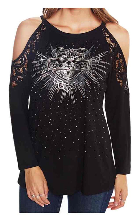 Harley-Davidson® Women's Crystal Bar & Shield Cold Shoulder Long Sleeve ...